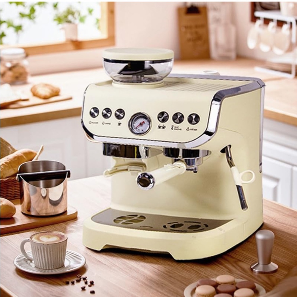 Elegant Cream Espresso Machine with Built-in Grinder - Picture 2 of 8